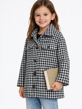 Girls Houndstooth Button Down Tweed Jacket Black White Size 7